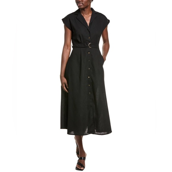 Zara Dresses & Skirts - Zara - Black Linen Blend Short Sleeve Golden Button Belted Maxi Dress Size Small